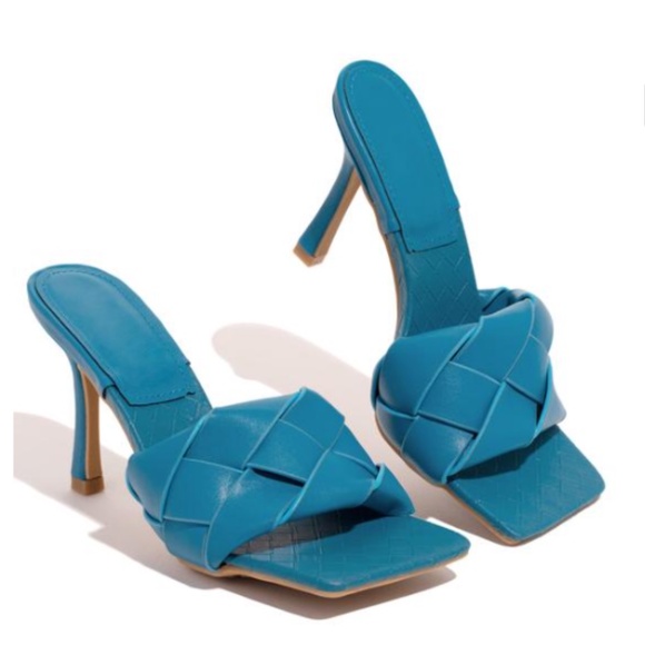 Shoes - Woven Square Toe Mules - Teal Blue